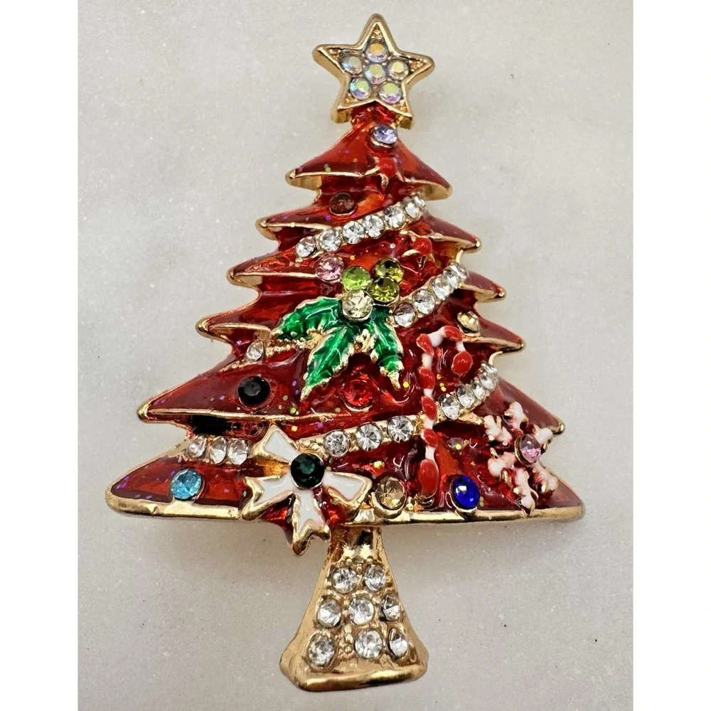 Vintage Christmas Tree Brooch Rhinestone Enamel Holiday Pin‎ Red Gold Tone Star